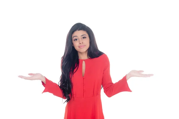 Young African American Girl Red Dress Doing Dubium Gesture Isolated — Free Stock Photo