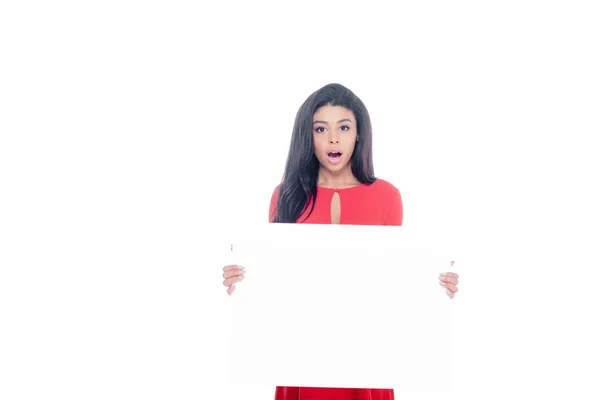 Shocked African American Girl Red Dress Showing Empty Banner Isolated — Free Stock Photo