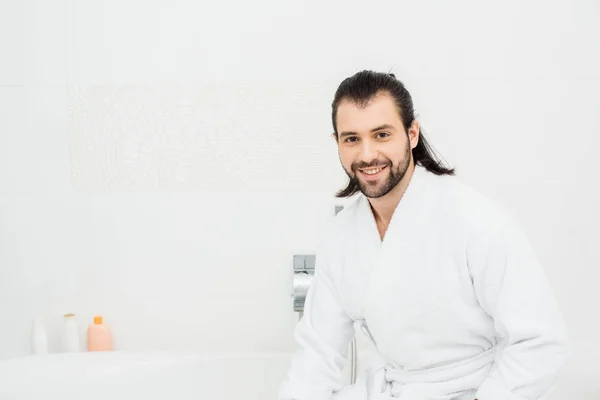 Handsome Man Smiling Bathrobe White Bathroom — Free Stock Photo