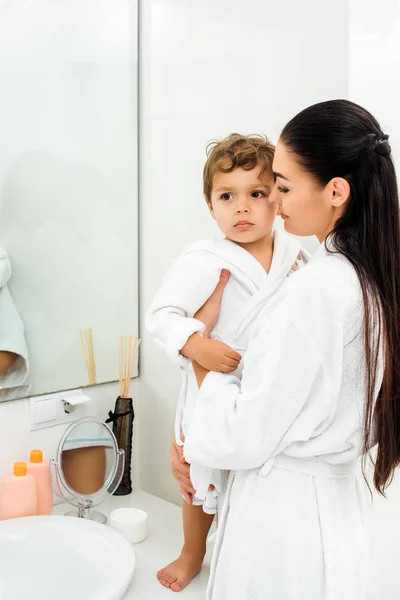 Beautiful Mother Cute Son White Bathrobes Bathroom — Stock Photo, Image