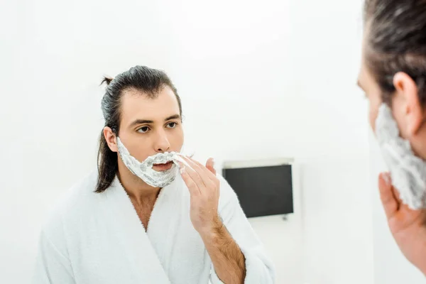 Young Man Applying Shaving Foam Front Mirror — Free Stock Photo