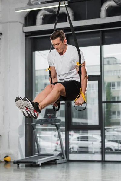 Handsome Athletic Bodybuilder Exercising Suspension Straps Gym — Stock Photo, Image