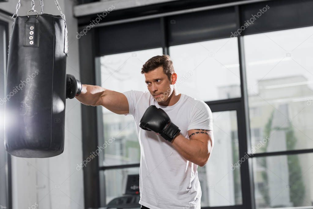 handsome muscular boxer training with punching bag in gym