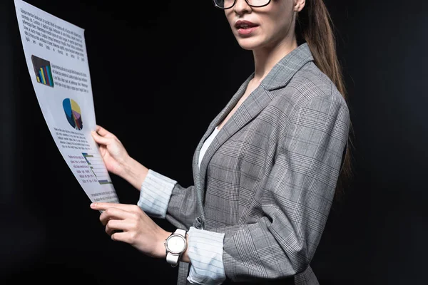 Cropped Shot Young Businesswoman Stylish Jacket Holding Newspaper Isolated Black — Free Stock Photo