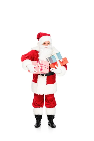 Санта Клаус Держит Кучу Подарочных Коробок Изолированы Белом — стоковое фото
