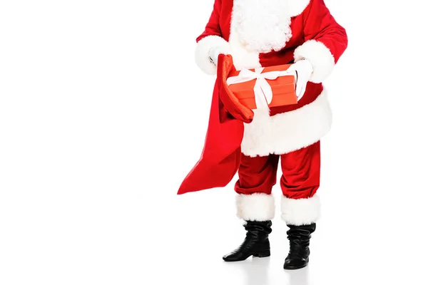 Cropped Shot Santa Claus Putting Gift Box Bag Isolated White — Free Stock Photo