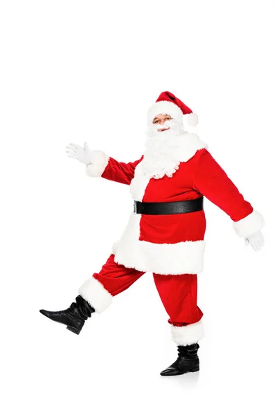 Boční Pohled Santa Claus Chůzi Při Pohledu Fotoaparát Izolované Bílém — Stock fotografie zdarma