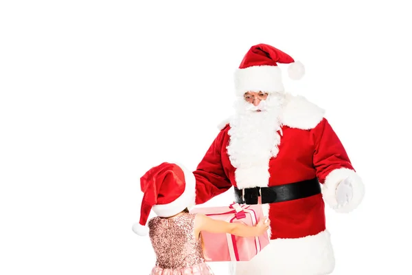 Souriant Santa Claus Donner Cadeau Petit Enfant Isolé Sur Blanc — Photo gratuite