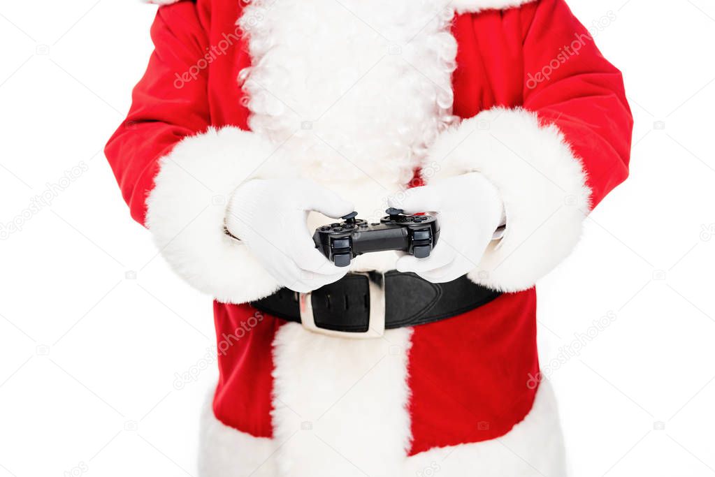 cropped shot of santa claus playing video game with gamepad isolated on white