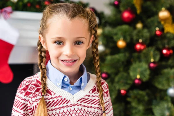 Portrait Adorable Happy Little Child Smiling Camera Christmas Time — Stock Photo, Image