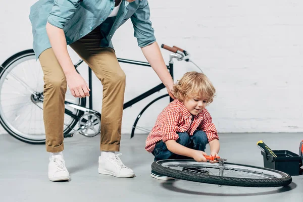 自転車ワーク ショップでペンチでホイールを固定の幼い息子の近くに立っている人のトリミングされた画像  — 無料ストックフォト