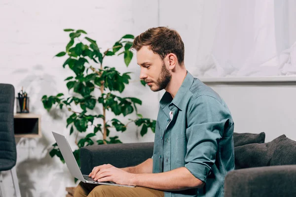 Vista Lateral Del Freelancer Masculino Que Trabaja Ordenador Portátil Sofá — Foto de Stock