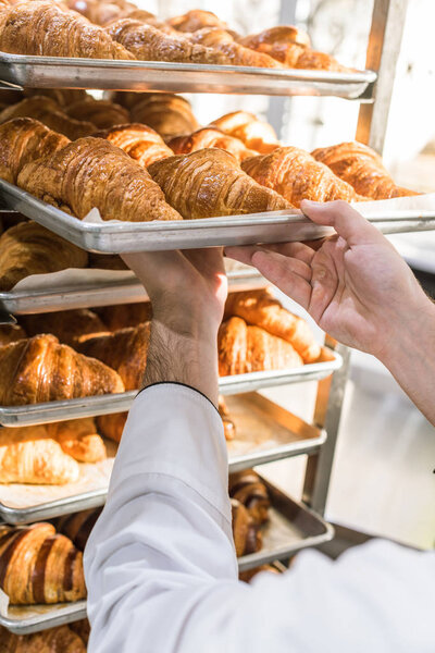 close up of male baker putting baking tray with croissants on rack