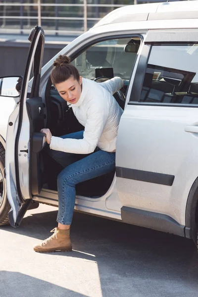 Woman Opening Door Getting Out Car — Stock Photo, Image
