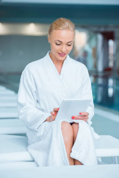 Beautiful Woman Sitting Bathrobe Digital Tablet — Stock Photo, Image