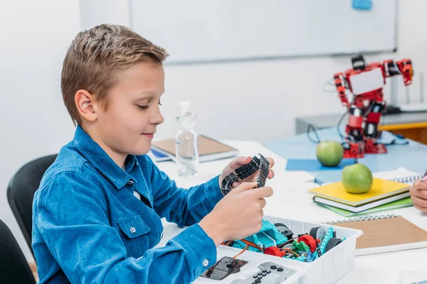 Cute Schoolboy Making Mechanical Robot Details Stem Class — Stock Photo, Image