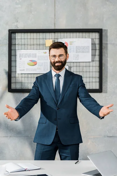 Cheerful Bearded Businessman Standing Open Arms Smiling Camera Office — Stock Photo, Image