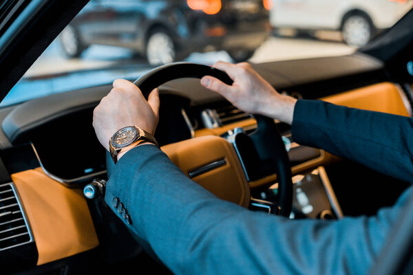cropped image of businessman with luxury watch sitting in automobile