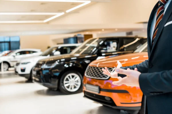 Cropped Image Male Car Dealer Pointing Hands Car Salon — Stock Photo, Image