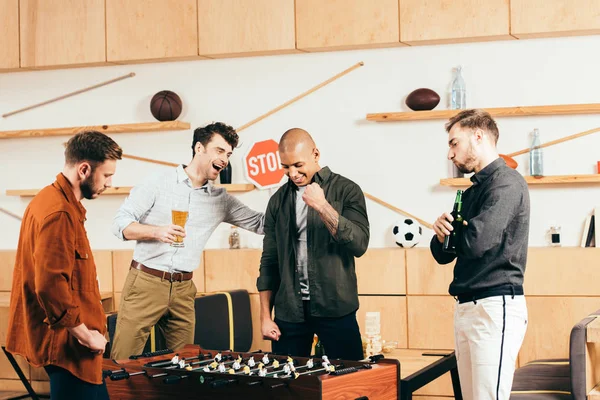 Multiracial Young Friends Playing Table Football Together Cafe — Stock Photo, Image