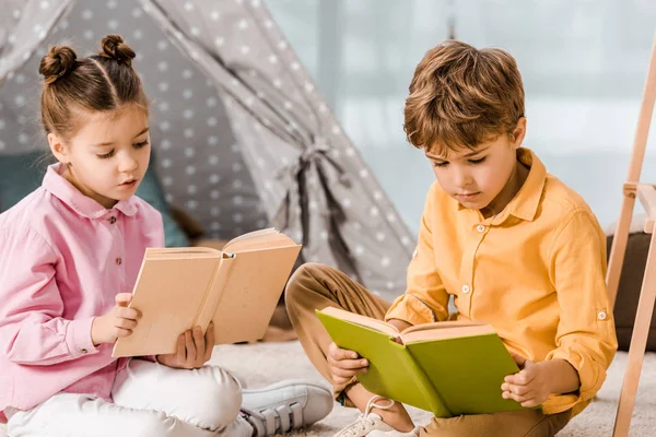 Cute Focused Children Sitting Carpet Reading Books Together — Stock Photo, Image
