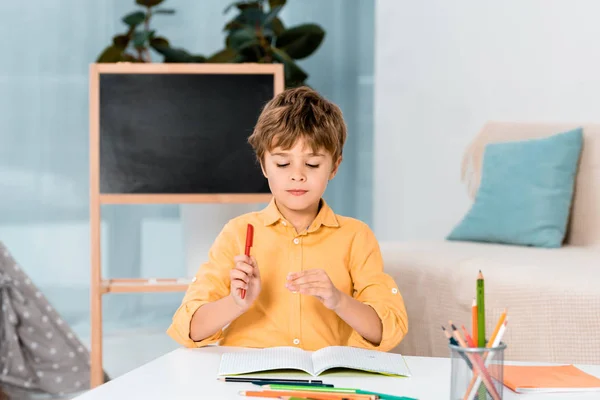 Lindo Niño Sosteniendo Pluma Estudiando Casa — Foto de Stock