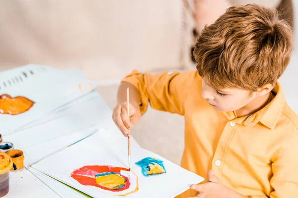 Cute Little Boy Painting Colorful Picture Home — Stock Photo, Image