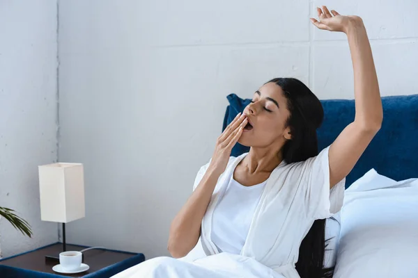 Beautiful Mixed Race Girl White Robe Yawning Covering Mouth Morning — Free Stock Photo
