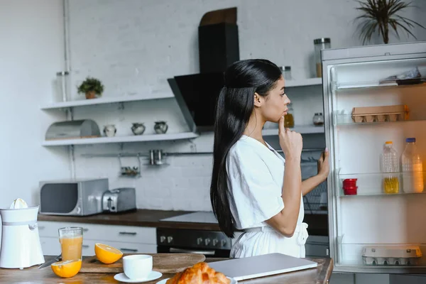 Side View Pensive Beautiful Mixed Race Girl White Robe Looking — Stock Photo, Image