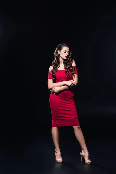 Attractive Woman Red Dress Posing Arms Crossed Isolated Black — Stock Photo, Image