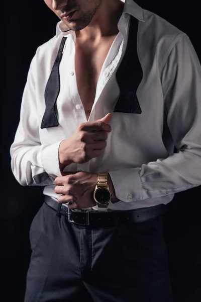 Cropped View Man Buttoning White Shirt Isolated Black — Stock Photo, Image