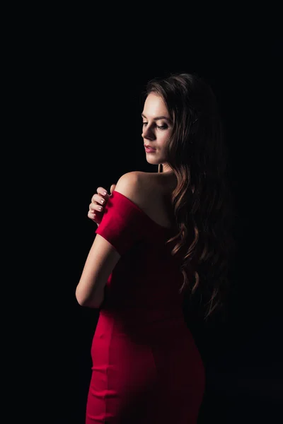 Attractive Woman Red Dress Eyes Closed Posing Isolated Black — Stock Photo, Image