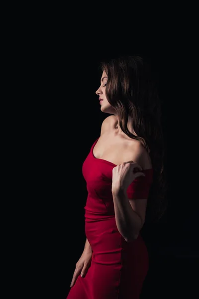 Beautiful Woman Red Dress Posing Isolated Black — Free Stock Photo