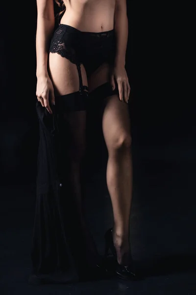 Beskuren Bild Sexig Kvinna Underkläder Isolerade Svart — Stockfoto