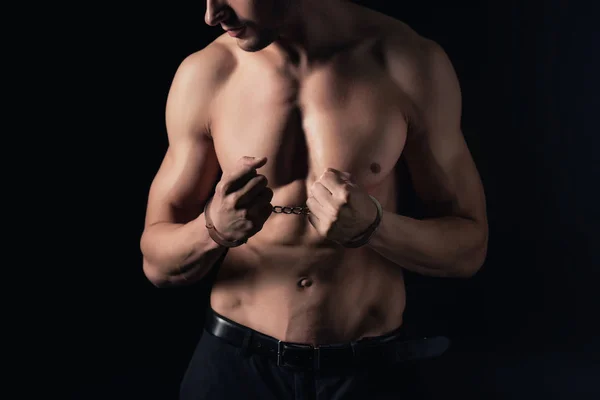 Cropped View Shirtless Man Handcuffs Isolated Black — Stock Photo, Image