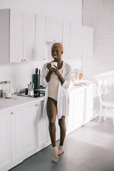 Attractive African American Woman Pyjamas Cup Coffee White Kitchen — Stock Photo, Image