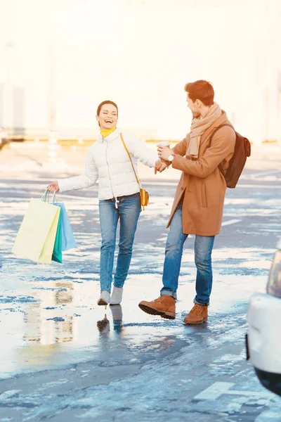 Attractive Girl Shopping Bags Smiling Holding Hands Boyfriend Going Parking — Free Stock Photo