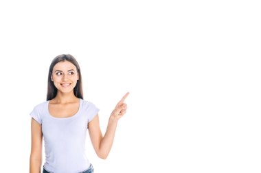 portrait of smiling young woman pointing away isolated on white clipart