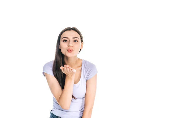 Portrait Young Beautiful Woman Blowing Kiss Isolated White — Stock Photo, Image
