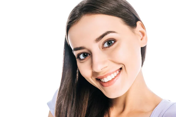 Portrait Smiling Pretty Woman Looking Camera Isolated White — Stock Photo, Image