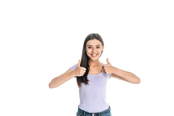 Портрет Усміхненої Привабливої Жінки Показує Великі Пальці Вгору Ізольовано Білому — стокове фото