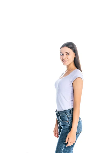 Side View Attractive Cheerful Young Woman Isolated White — Free Stock Photo