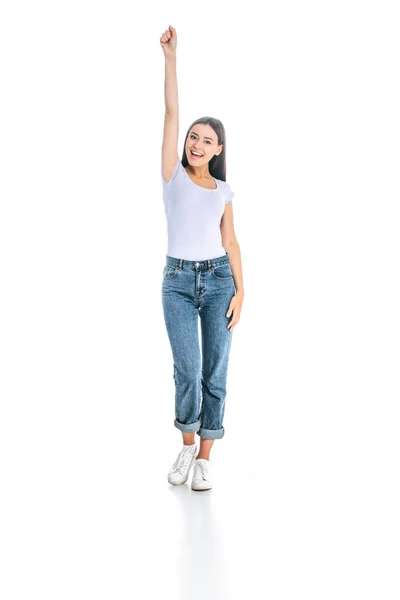 Fröhliche Frau Jeans Mit Arm Nach Oben Isoliert Auf Weiß — Stockfoto