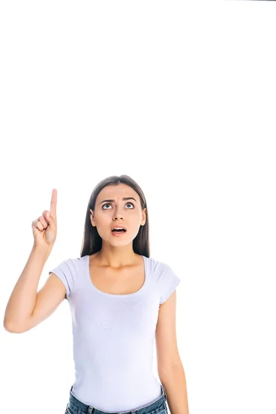 Portrait Shocked Woman Pointing Away Isolated White — Free Stock Photo