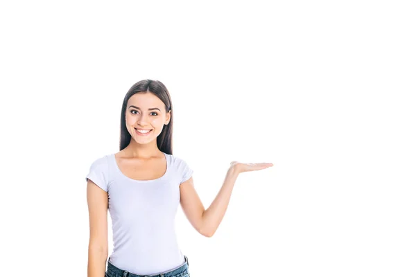 Retrato Mulher Positiva Com Mão Estendida Isolada Branco — Fotografia de Stock