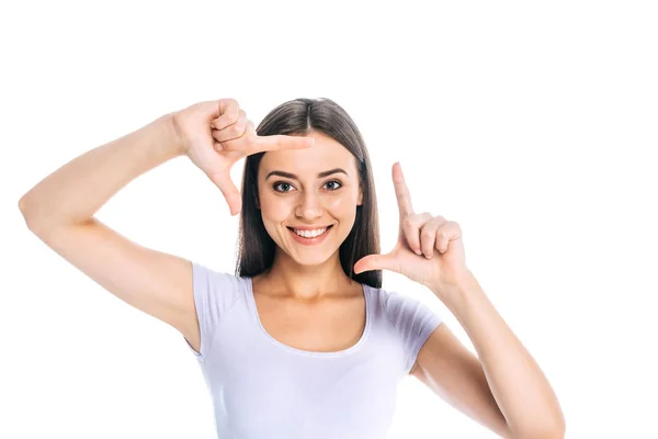 Portrait Young Smiling Woman Showing Photo Sign Isolated White — Stock Photo, Image