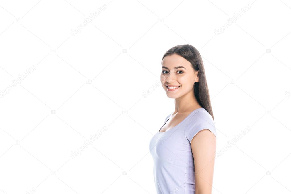 side view of attractive cheerful young woman isolated on white