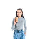 Portrait of cheerful young woman with coffee to go isolated on white