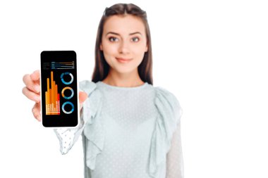 Genç kadın üzerinde beyaz izole smartphone gösterilen