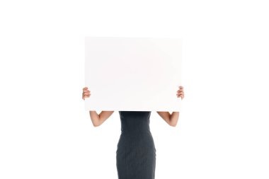 obscured view of woman holding blank banner isolated on white clipart